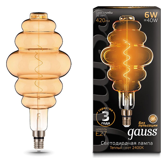 Лампа светодиодная Gauss LED Vintage Filament Flexible E27 6Вт 2400K 158802006
