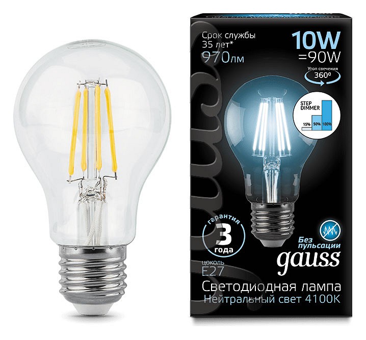 Лампа светодиодная Gauss LED Filament E27 10Вт 4100K 102802210-S