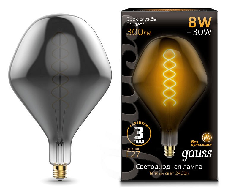 Лампа светодиодная Gauss LED Vintage Filament Flexible E27 8Вт 2400K 163802008